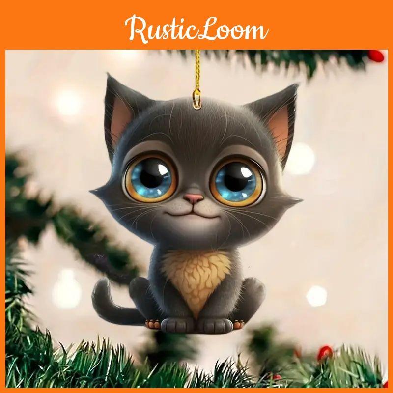 Flat Surface Acrylic Playful Big Eyed Cat Christmas Tree Hanging Pendant
