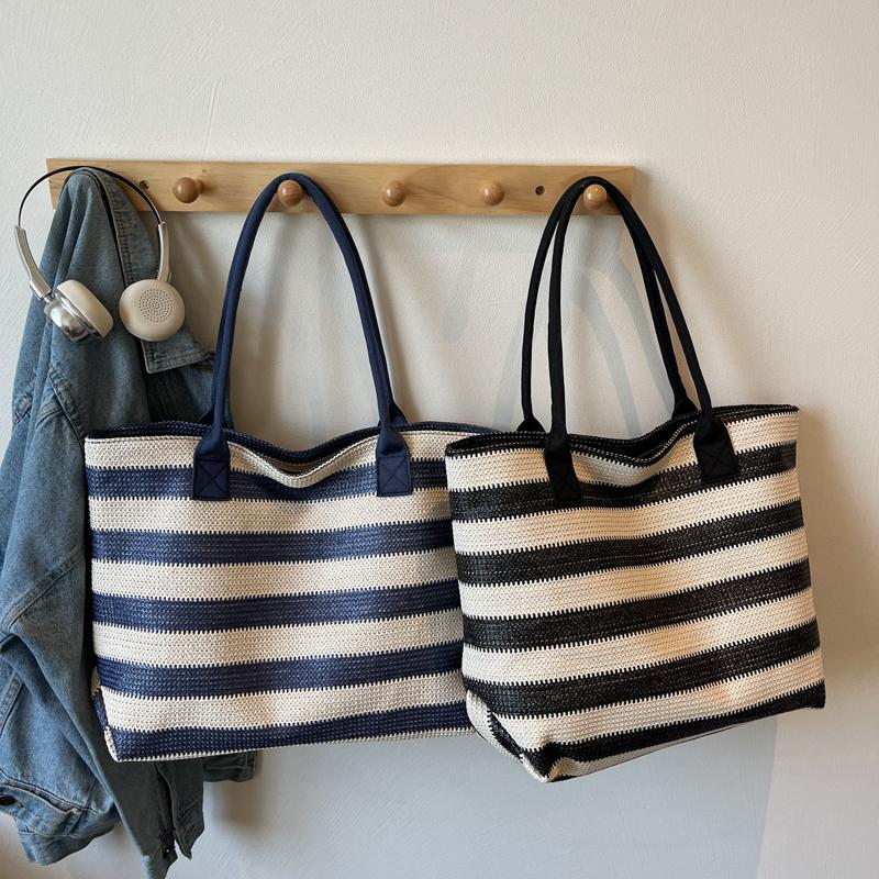 Shoulder Bag Striped Contrast Woven Bag Large Capacity Straw Tote Bag