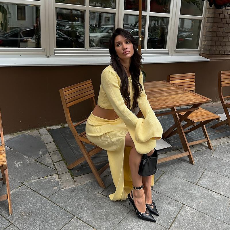 Slim Lace Up Knitted Top Skirts Set Women O-neck Flare Sleeve Hollow Out Crop Tops High Waist Split Skirt Spring Autumn Casual Outfits