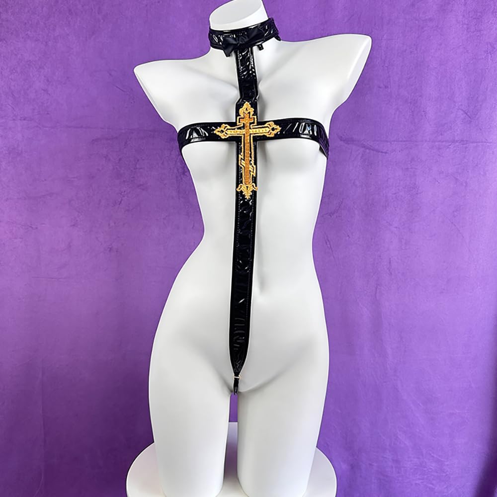 Sister Sexy Cosplay Nun School Swimsuit Erotic Extreme Erotic Costume PU Saint Priest Monk Uniform Cute Photoshoot Halloween One Size Black Veil Koros