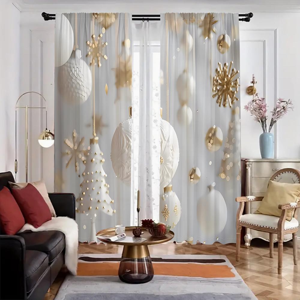 Julgardiner Vit Guld Dekor 2 Paneler 3D-tryck Högtidsdekoration Sovrum Vardagsrum Snöflingeornament Elegant Mysigt