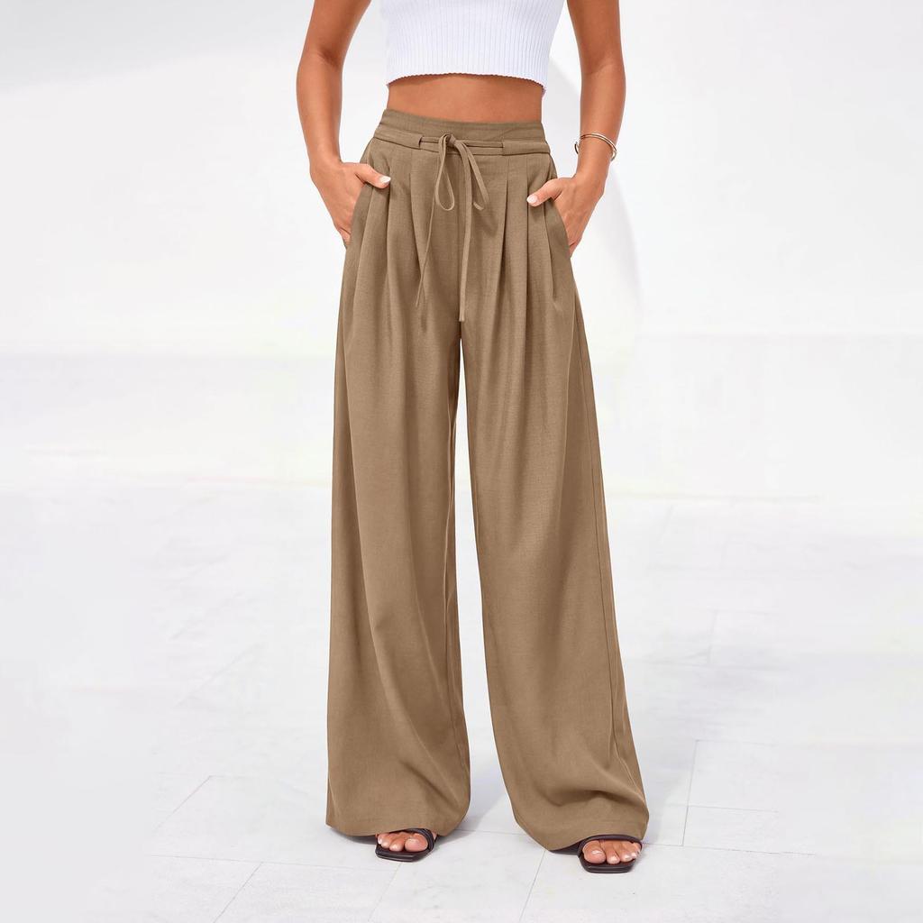 Women's Casual Pleated Wide Leg Pants with Pockets Elastic Waist Drawstring Loose Fit Trousers for Daily Wear