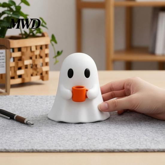 Modern Home Accents Ghost Drinking Coffee Figurine, 3D Printed Cute White Holding A Mug Figurine Statue, Spooky Halloween Decoration for Bars,
