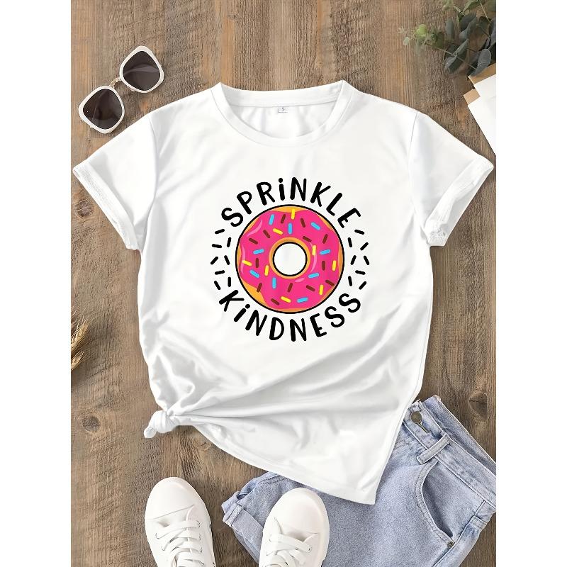 

European Size Women S Crew Neck T-Shirt with Geometric Donut Print - Casual Short Sleeve Top with Sprinkle Kindness Slogan, Regular Fit, Knit Fabric 4XL білий