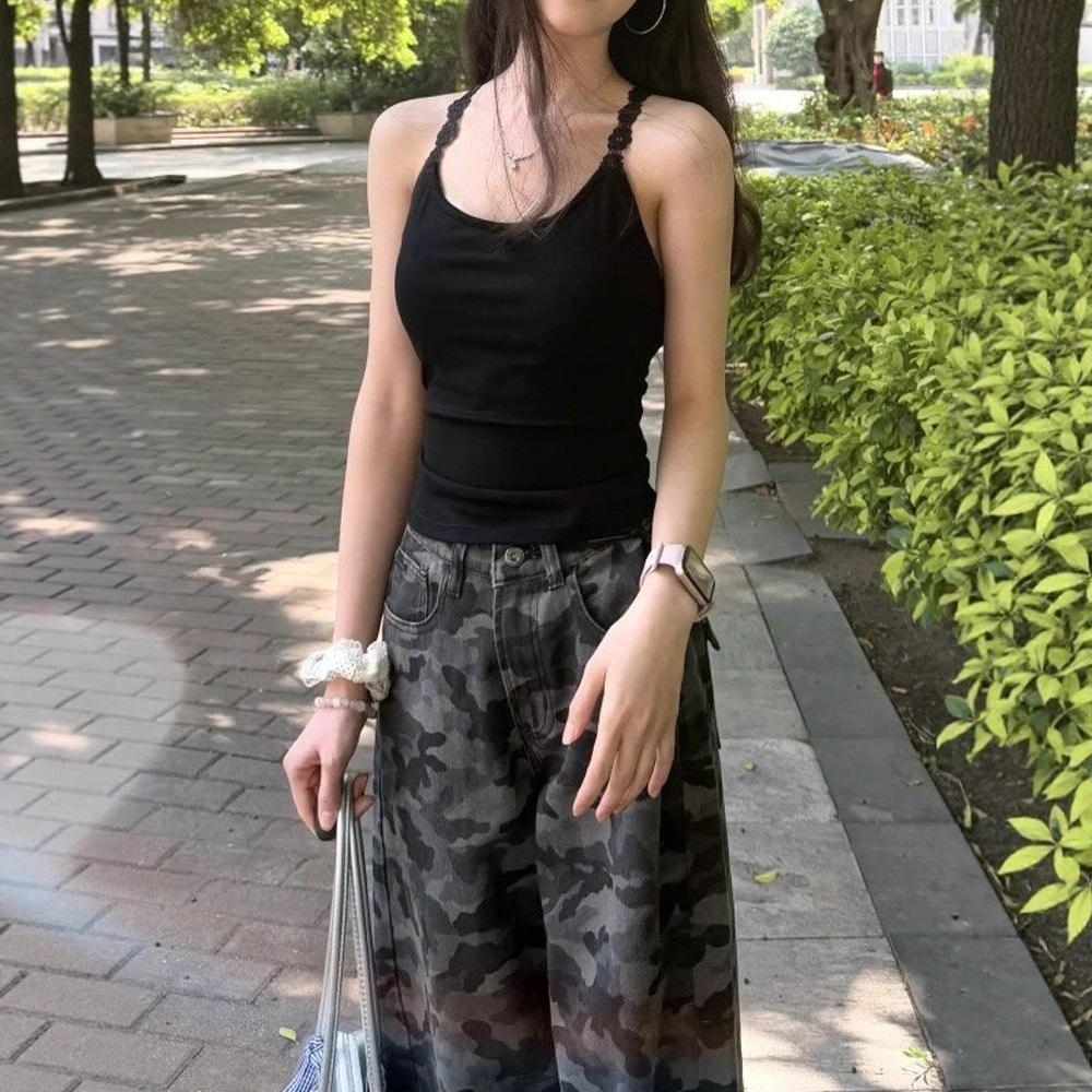 Fashionable Comfortable Vintage Camouflage Work Wide Leg Jeans Women's High Waist Loose Slim Straight Casual Trousers Jeans for Women Long Denim Pants