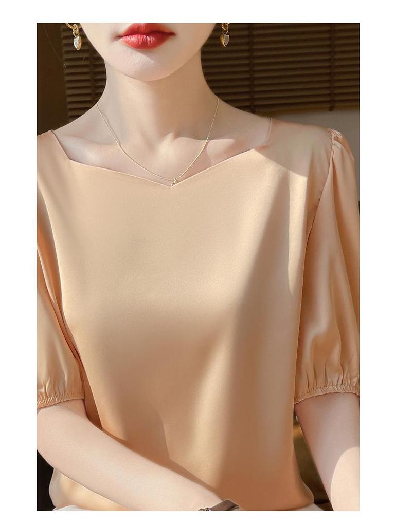 Damen Sommer Acetat Satin Diamantkragen Locker Kurzarm Mode Top