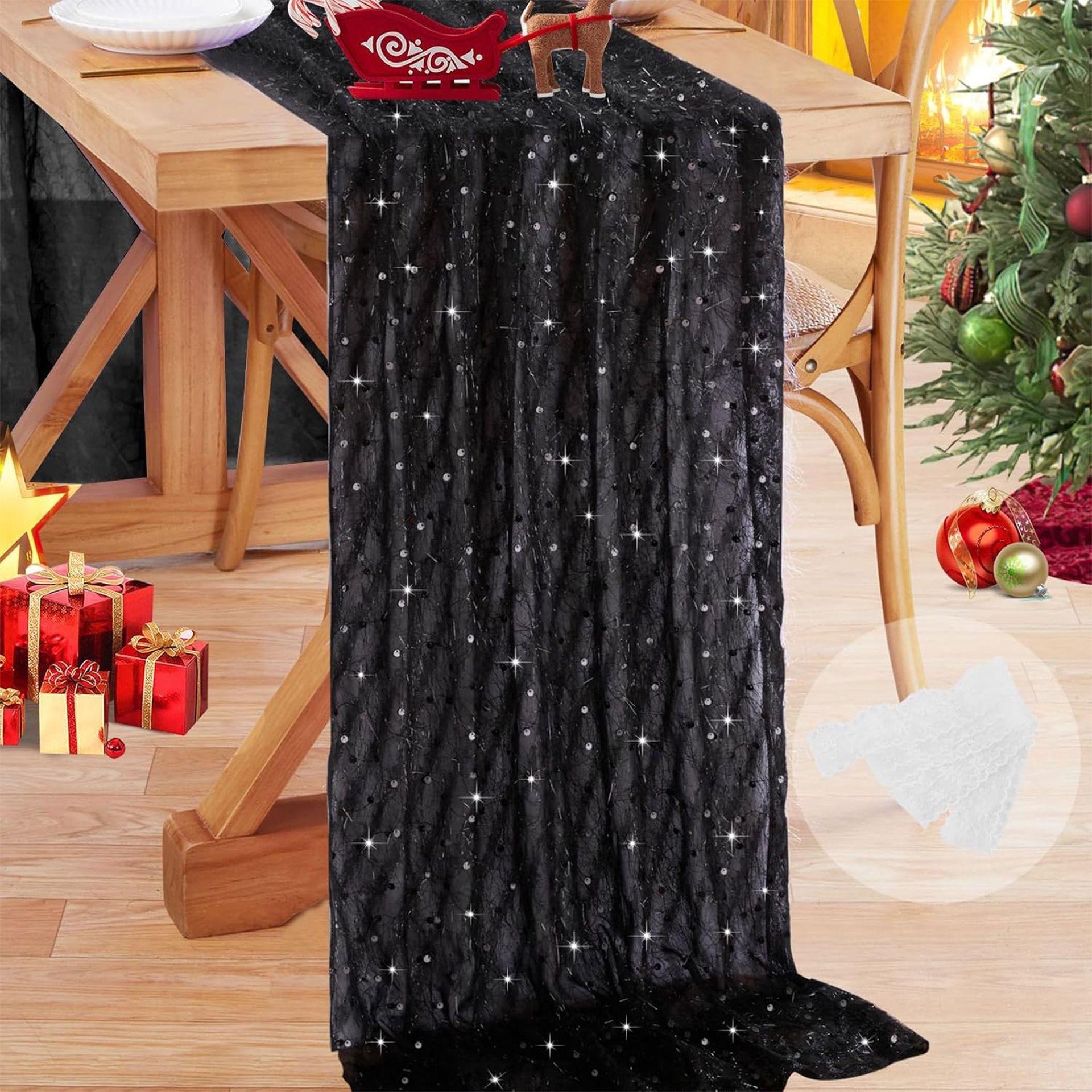 

White Glitter Table Runner with Tassel Sequin Sheer Fabic Dining Table Decoration for Christmas Wedding Bridal Shower Decor 28x180cm чёрный