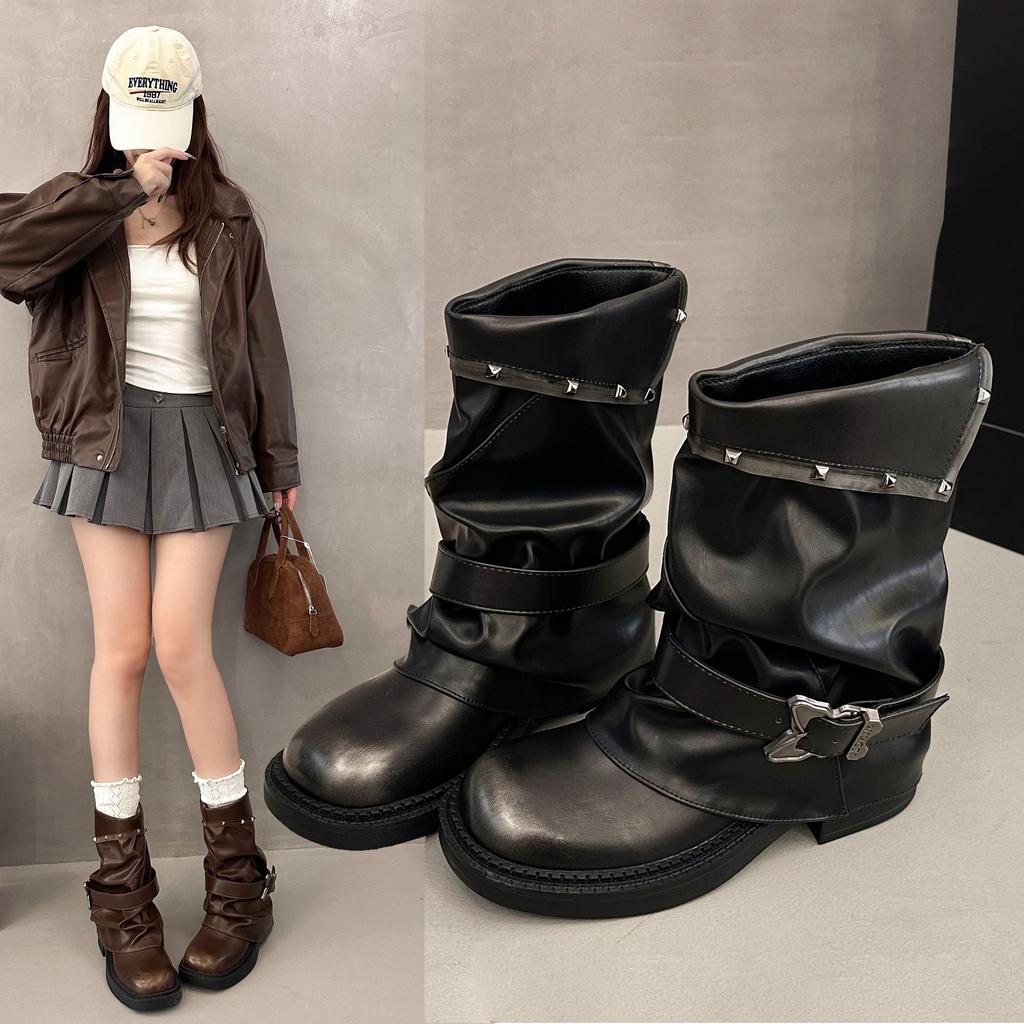 Boots short tube Spice Girl pleated stacked pants tube women's boots personalized rivets new thick heel large tube circumference locomotive boots
