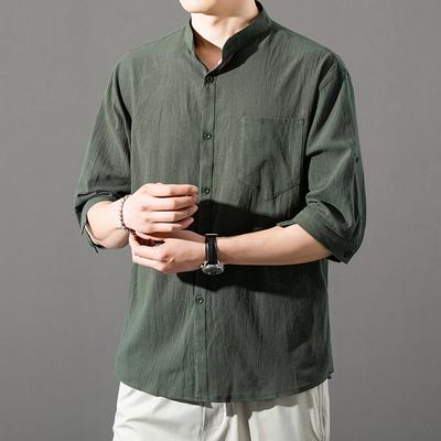 Men's Summer Plus-Size Linen Short-Sleeve Shirt: Cotton-Linen Blend, Loose Fit, 3/4-Sleeve, Lightweight Casual Top