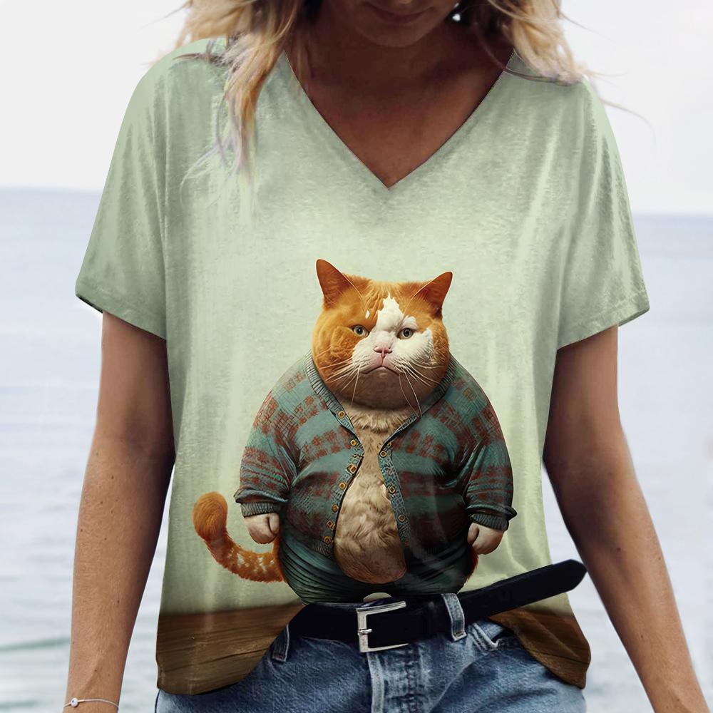 Animacinės katės spaudiniai Moteriški marškinėliai Mielas pilvo katės raštas Laisvalaikio trumpos rankovės Vasaros mados marškinėliai Laisvi moteriški drabužiai Viršus