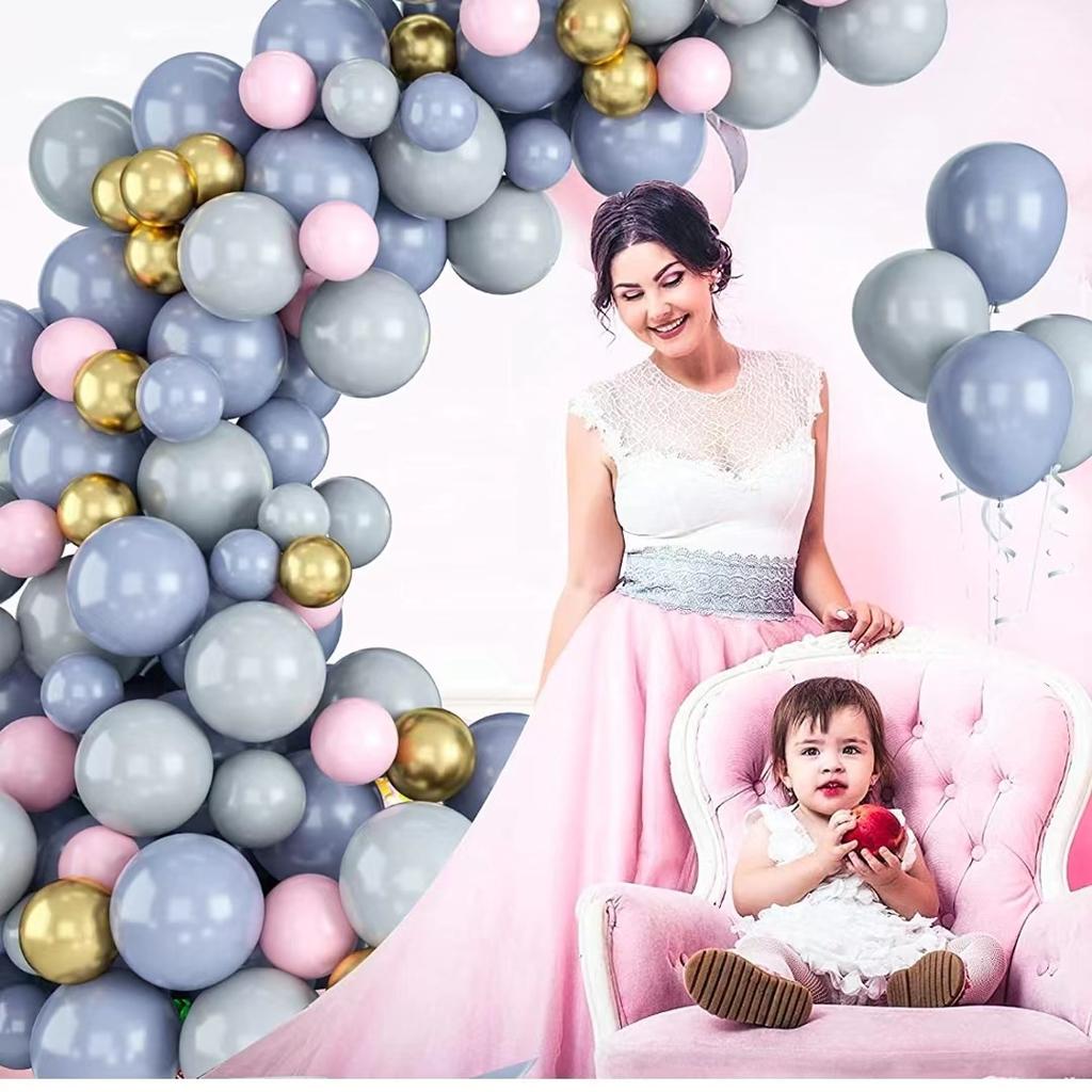 Maca Blue Gray Latex Balloon, Metal Gold Light Pink Children'S Birthday Theme Party Supplies Decoration