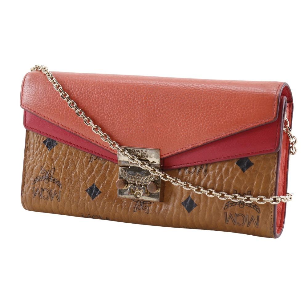 MCM Patricia Kette Brieftasche Colorblock Vicetos Braun / Rosa Leder/PVC Damen Gebraucht