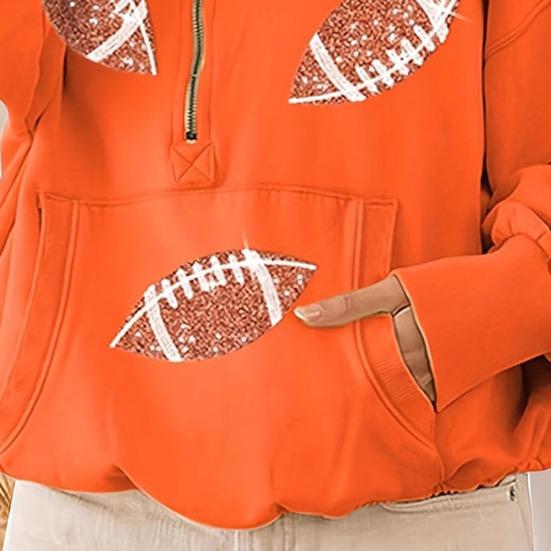 Hooded Sweatshirt for Women Half Zip Oversized Hoodies with Sequin Rugby Print Fall Casual Pullover Tops with Pockets