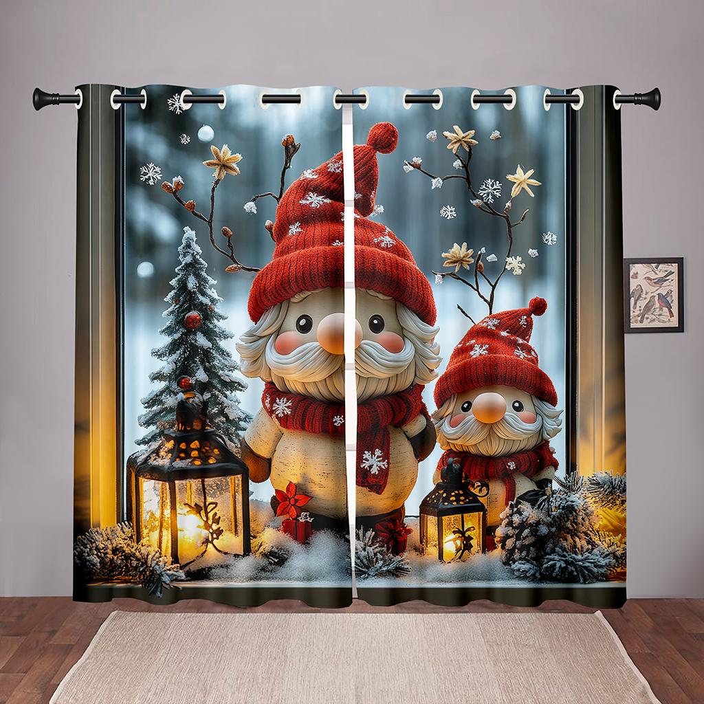2 Pcs Cute Christmas Snowman Pattern Curtains Red Warm Atmosphere Holiday Decor Living Room Bedroom Kitchen Window Decor
