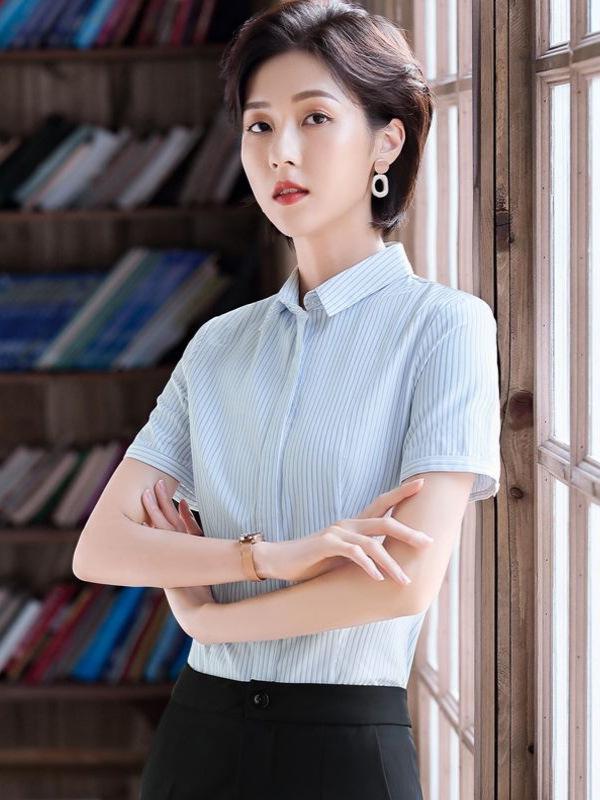 Women's Striped Professional Short Sleeve Shirt - Summer 2026 Slim Fit Formal Top for Business and Interviews