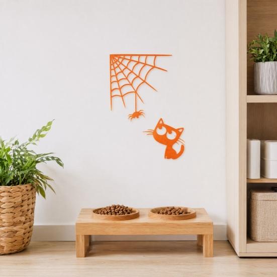 3D Printed Spider Web Cat Wall Decor, Orange Halloween Hanging Ornament, Spooky Cute Spider Cat Figure for Home Party Decoration