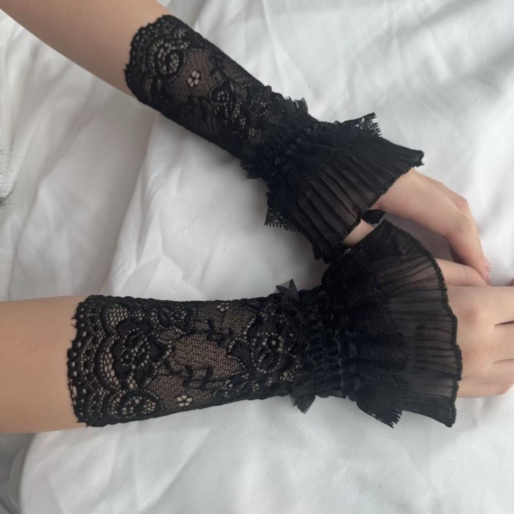 Ruffle Cuffs Fingerless Gloves Mesh Decorative Gloves Vintage Lace Arm Sleeves Women