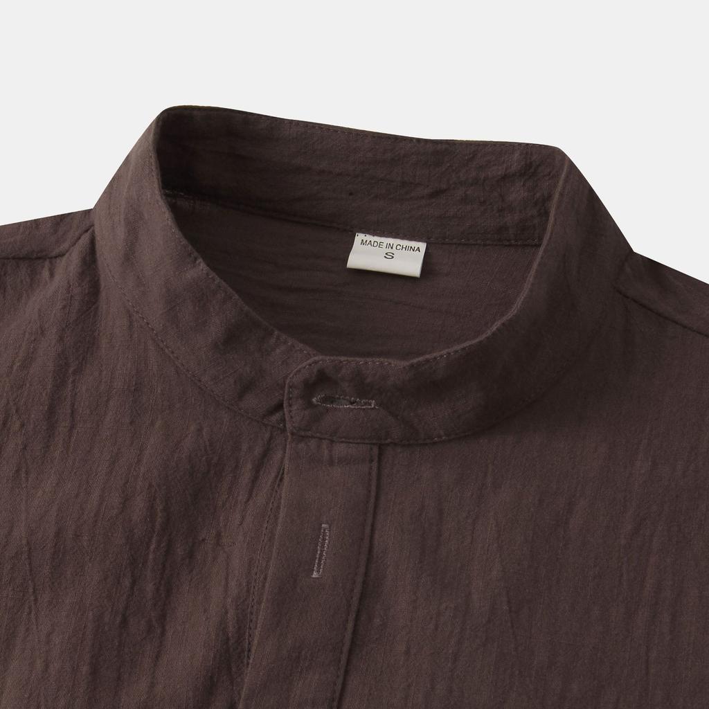 Herren Sommer Lässig Mode Farbe Baumwolle Leinen Oberteil Stehkragen Kurzarm Hemd