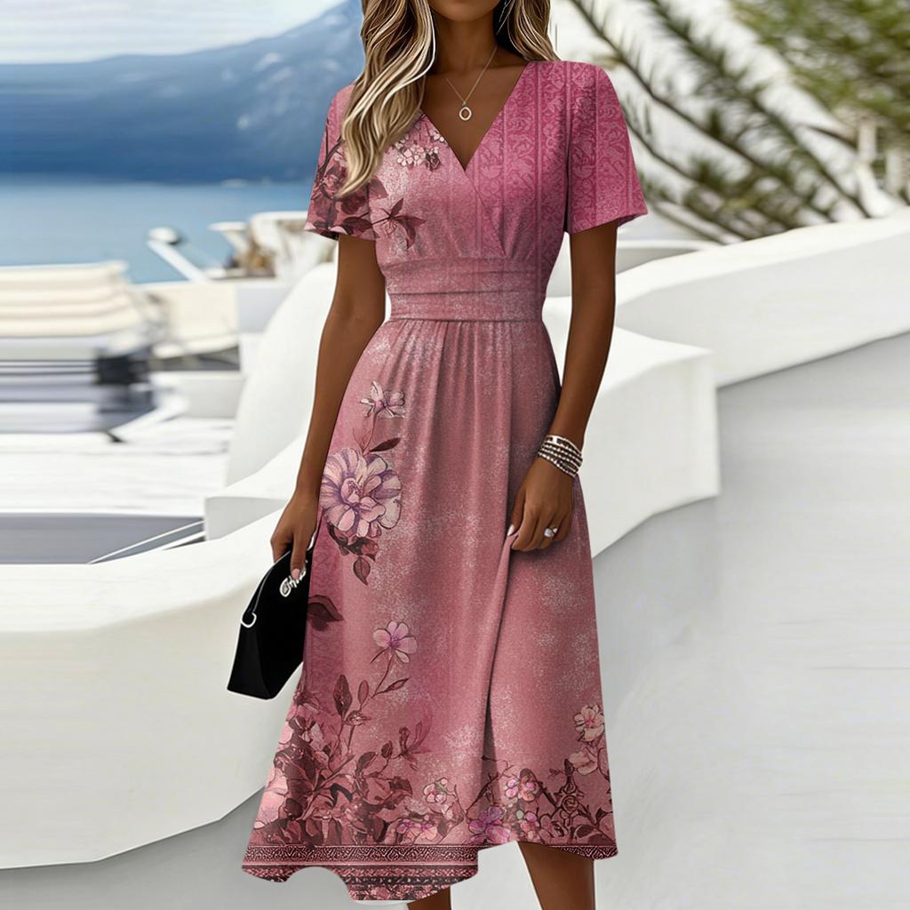 Rochie de damă florală casual, la modă, cu mânecă scurtă și decolteu în V