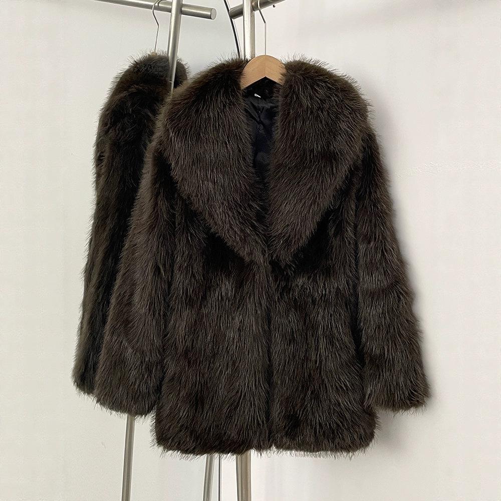 European and American style retro waist free belt new artificial fur medium and long coat fashionable plush lapel coat women