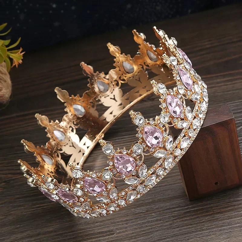 European Princess Queen Tiara Round Baroque Pageant Crowns Crystal Full Crown King Tiaras Bridal Wedding Hair Accessories