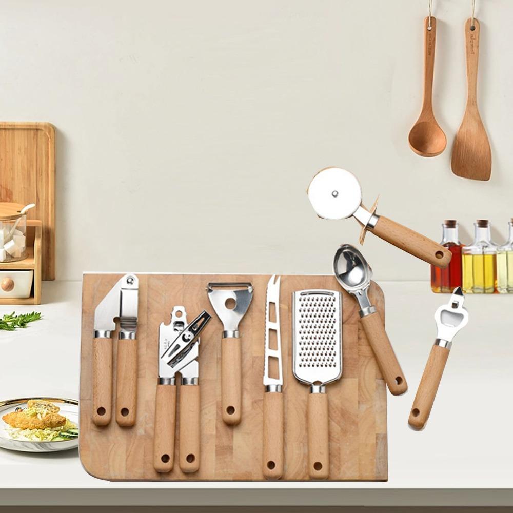 9 PCS Silver Wooden Color Cooking Tool Set Stainless Steel Kitchen Gadget Set  Home Kitchen