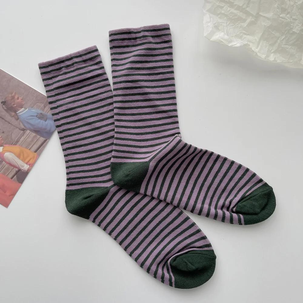 Retro Gestreifte Socken Damen Mittellange Socken Frühling Und Herbst Baumwollstrümpfe Koreanische Strümpfe Socken One Size gray