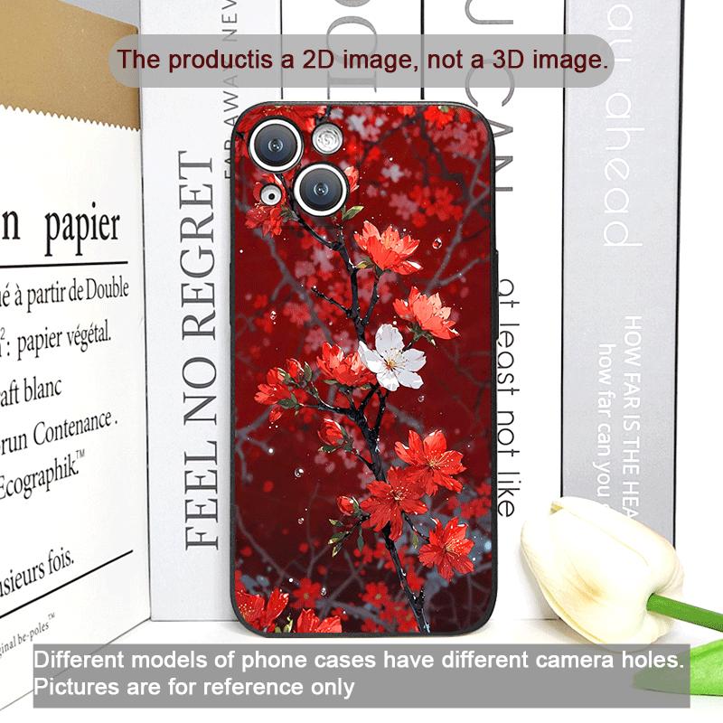 Retro Künstlerisches Rotes Blume Pflaumenblüte Muster Handyhülle für iPhone 17 16 12 11 14 Plus 13 15 Pro Max Mini X XS XR Weiche Hüllen