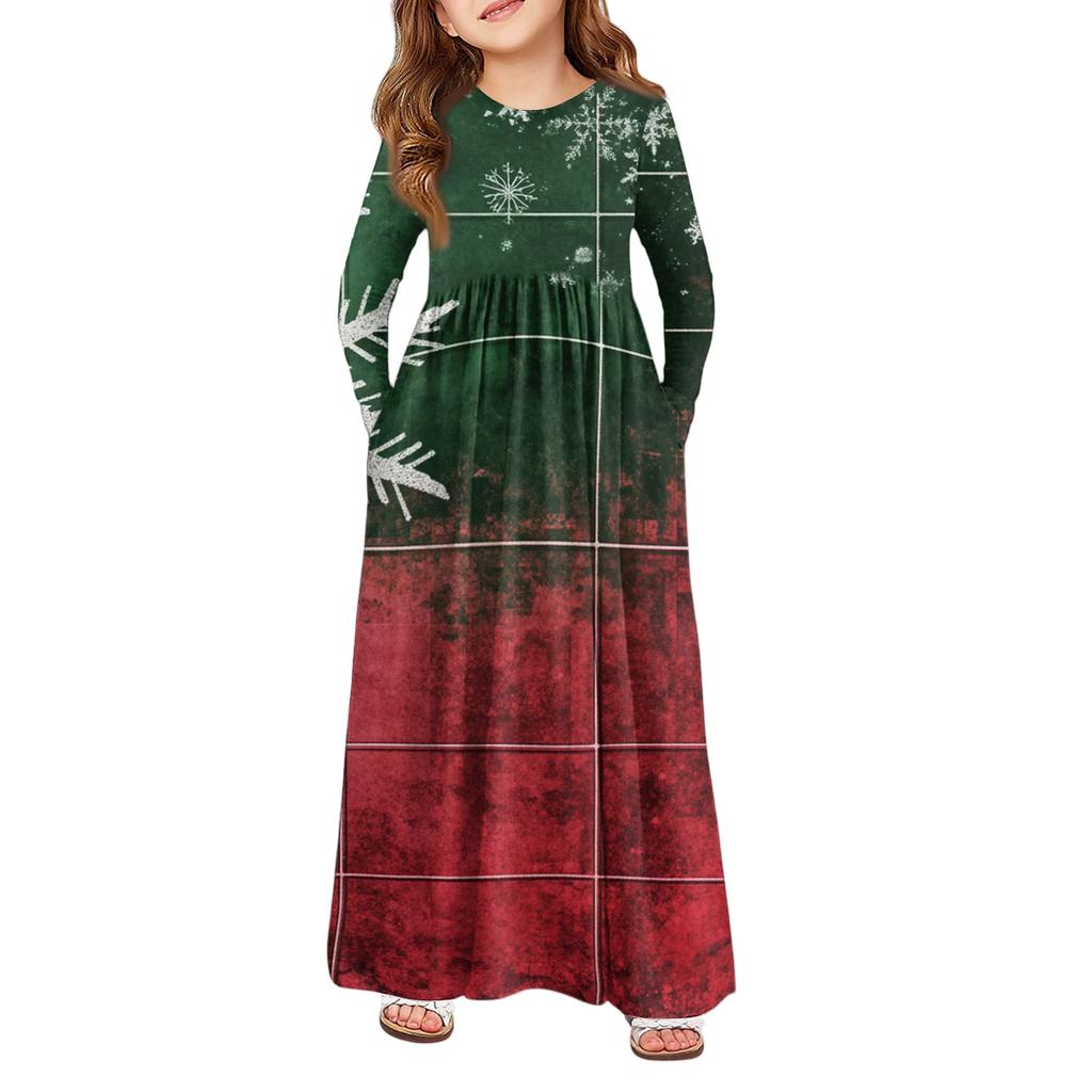 Girls' Maxi Dress - Long Sleeve Pocket Dress Christmas Day