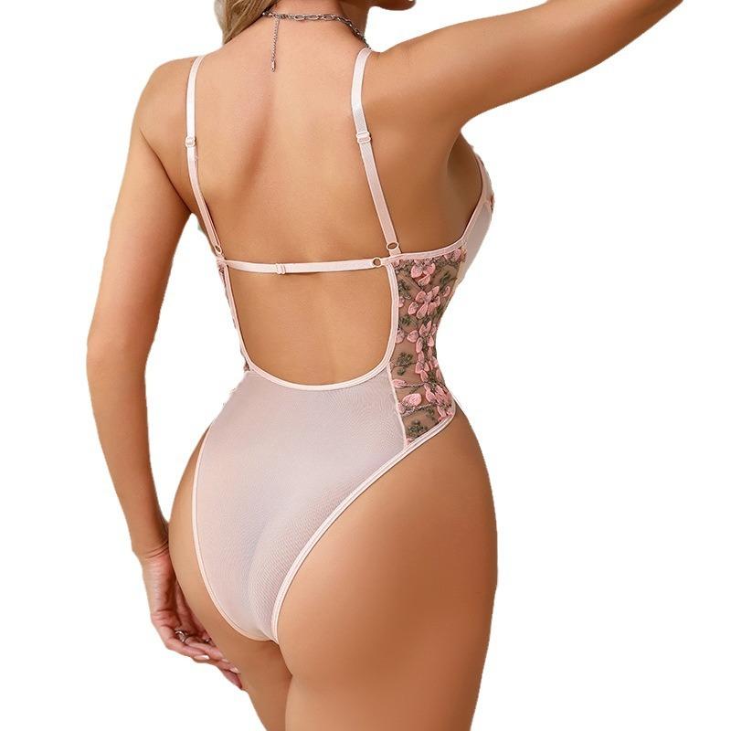 Backless Drawstring Slimming Corset Bodysuit Women'S Sexy Lingerie Mesh Embroidered Erotic Costumes Lace Pure Desire Bodysuits