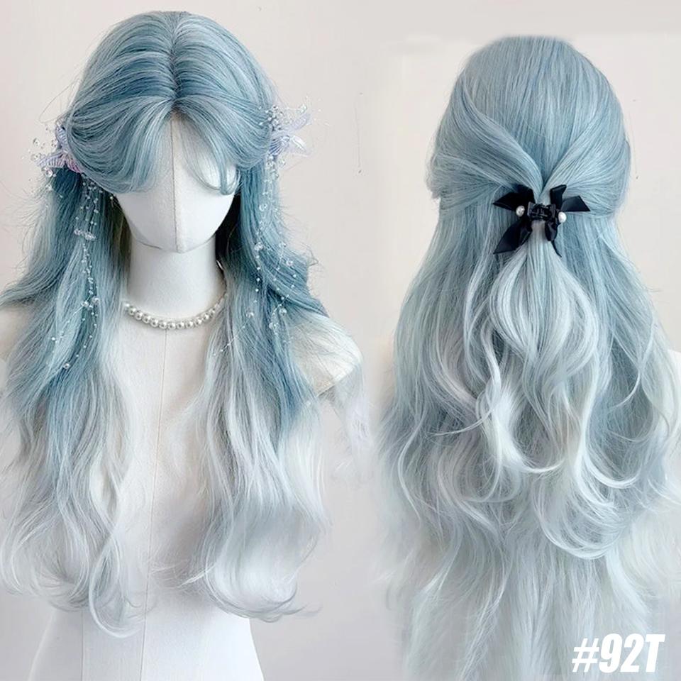 WTB Perucă sintetică feminină Glacier Blue Gradient Gri deschis Păr lung Lolita țesut manual din dantelă lână păr lung creț Cos Party Perucă