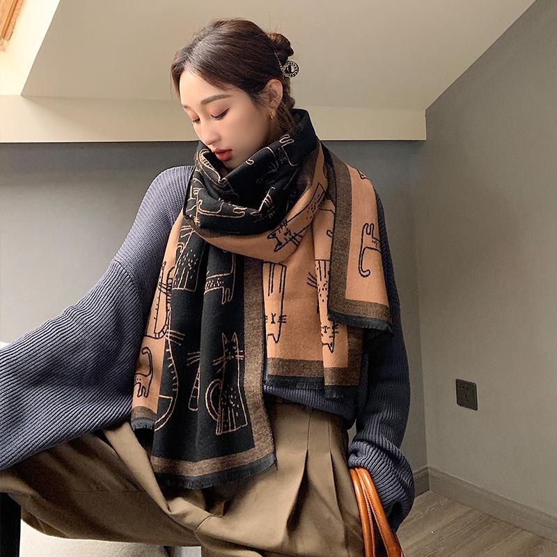 New thick fringed scarf female cat print imitation cashmere summer air conditioner shawl autumn and winter cold scarf