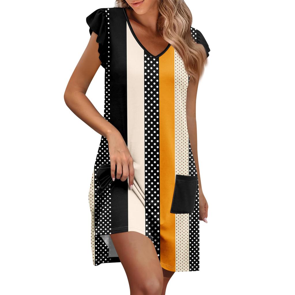 Abito Estivo da Donna Manica a Volant Scollo a V Abiti Corti Moda Casual Ampio A Linea Svasato Abito da Sole con Tasca
