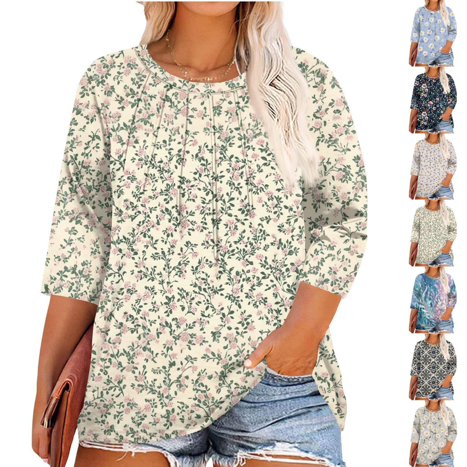 

Women s Printed Round Neck Plus Size Tops 3/4 Sleeves Elegant Shirt Tops XL