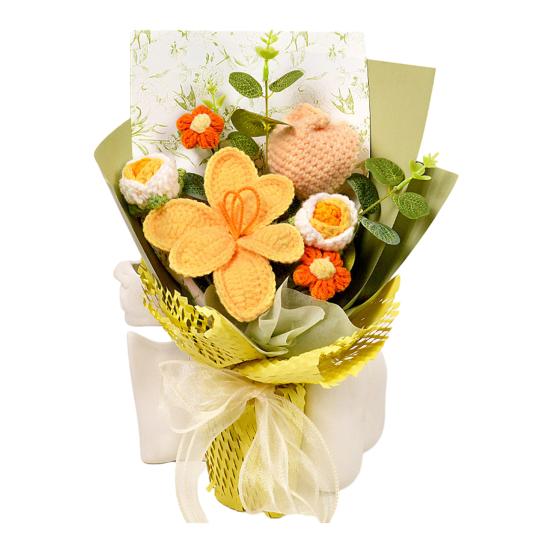 Gehaakte Kunstbloemen Handgemaakt Boeket Gehaakte Bloemen met Realistische Groene Nepbladeren Romantisch Valentijnsdagcadeau voor Haar