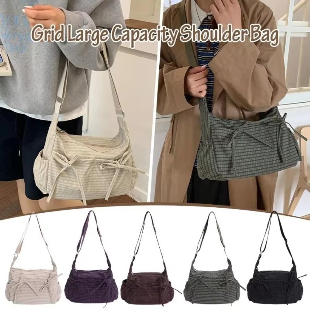 Multiple Pockets Nylon Shoulder Bag Grid Hobo Bag Sweet Bow Crossbody Bag  Outdoor