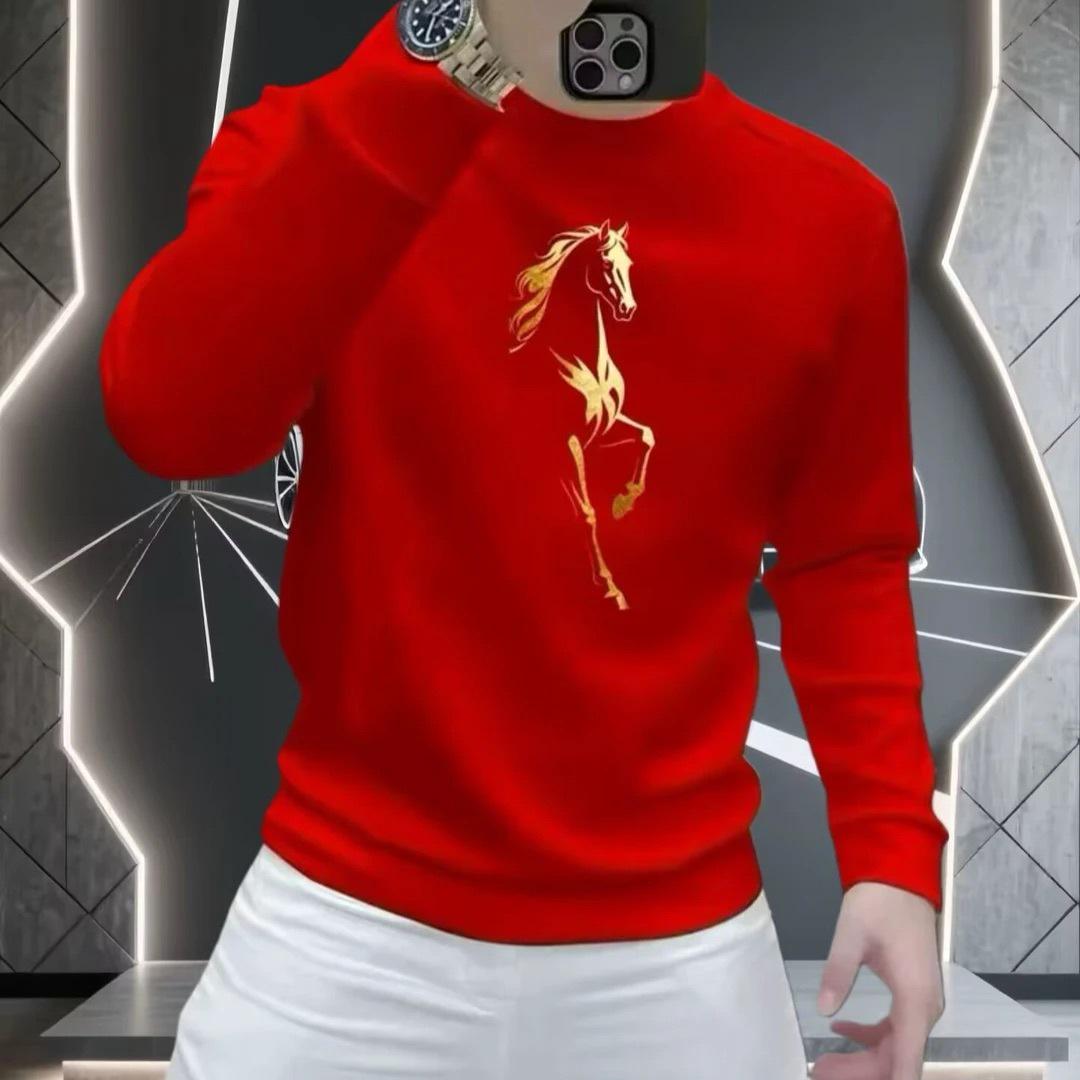 

2026 Red Men s Hoodie with Galloping Horse Print, Autumn Winter Round Neck, Plus Velvet Lining, Long Sleeve L