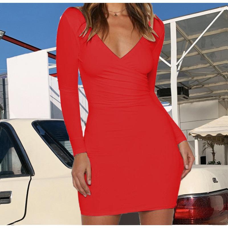 Neues V-Ausschnitt Langarm Hüftbedeckendes Herbst- und Winter Sexy Kleid für Damen