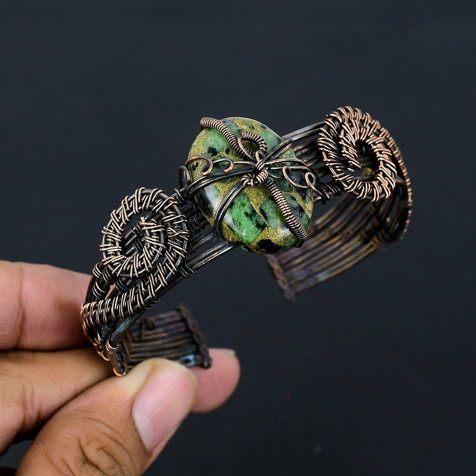 

Copper Ruby Zoisite Lab-Created Handmade Copper Wire Wrap Bangle Adjustable R8v47