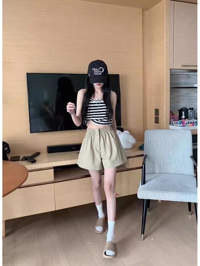 Women's Summer Washed Cotton Wide-Leg High Waist Shorts, Korean Style, Slimming, Solid Color, Versatile, Casual.
