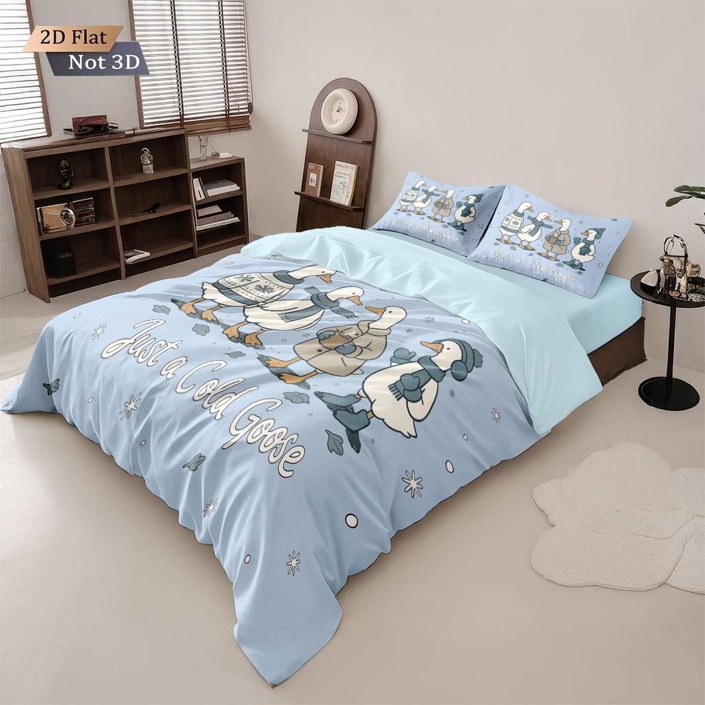 3Pcs Cute Cartoon Goose Print Coreless Down Duvet Cover Set Multi Size Bedroom Bedding Holiday Decoration Machine Washable