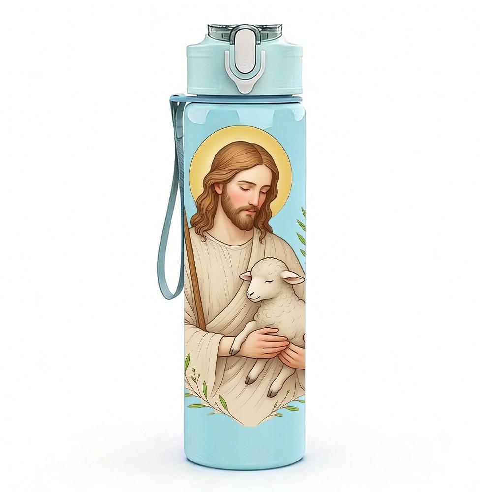 1PC Saint Man Holding Lamb Print 750ml Color Plastic Sports Water Bottle Leakproof Flip Straw Lid Suitable for Sports Office Home Use