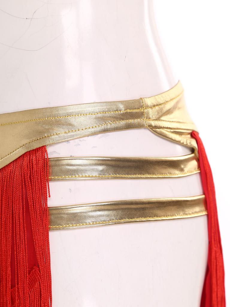 Womens Fringed Dance Outfit Halter Top Lace Up Gold Trim Crop Top Irregular Hem Slit Tiered Skirt