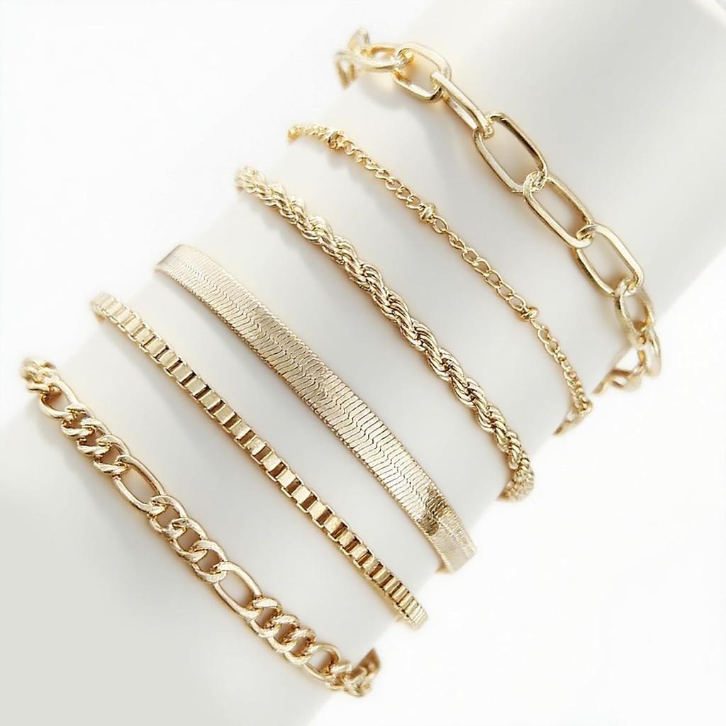 6 PCS Gold Ankle Bracelets for Women, Gold Jewelry Set Layered Anklet Plated Waterproof Filled Bracelet Cuban Link Chain Fashion Adjustable Size for
