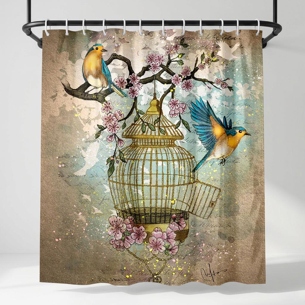 

Vintage Shabby Chic Shower Curtain, Birdcage & Blue Birds On Cherry Blossom Branch, Rustic Farmhouse Style Bathroom Decor W60H190(CM)-1 Pcs