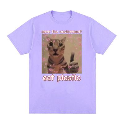 Save The Environment Eat Plastic Funny Cat Meme T-Shirt Men Women Casual Fashion High Quality T Shirt 100% Cotton Oversized Tees