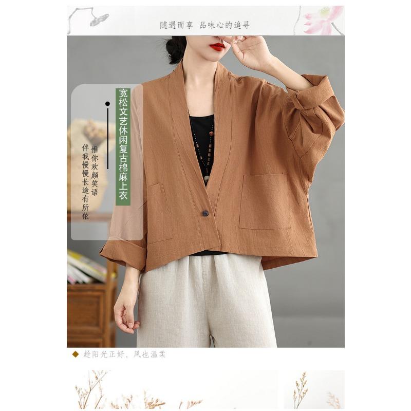 Damen S Locker Kurz Baumwoll-Leinen-Mischung Strickjacke Hemd
