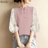 ZANZEA Women Casual Stand Collar Splice 3/4 Sleeve Loose Blouse