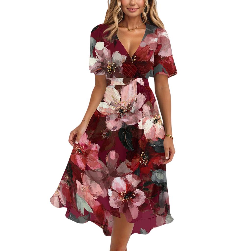 Women's Fashion Casual V Neck Short Sleeve Ruffled Vintage Printed Dresses