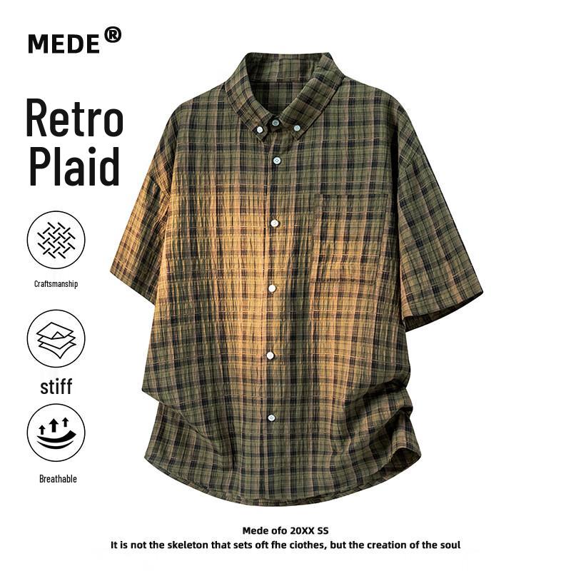 MEDE Men s Retro Plaid Short Sleeve Casual Shirt 3XL